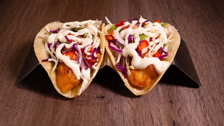 two fish tacos on a table topped with vegetables, and cream