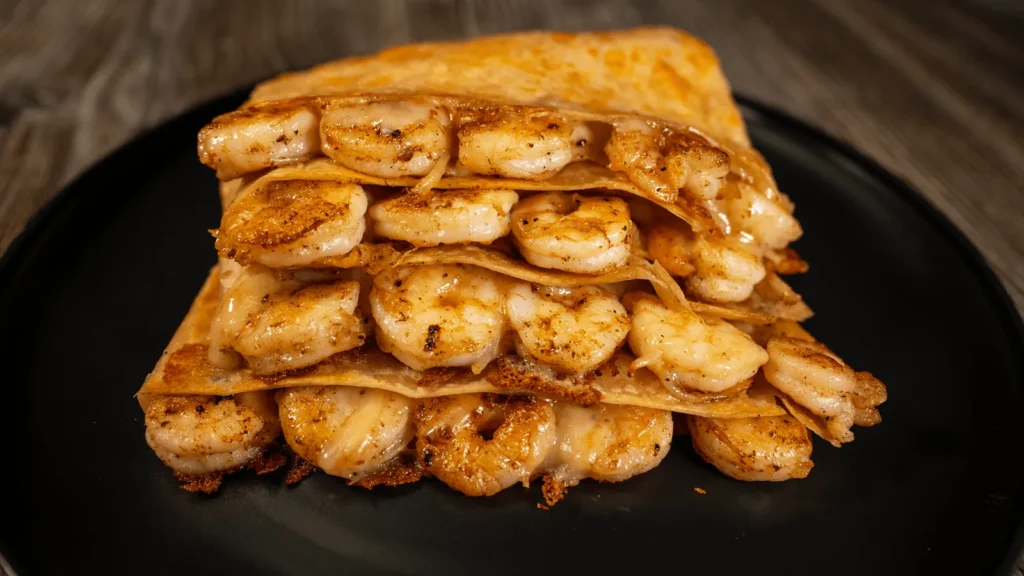 Neatly stacked crispy shrimp quesadillas with bits of shrimp sticking out the ends